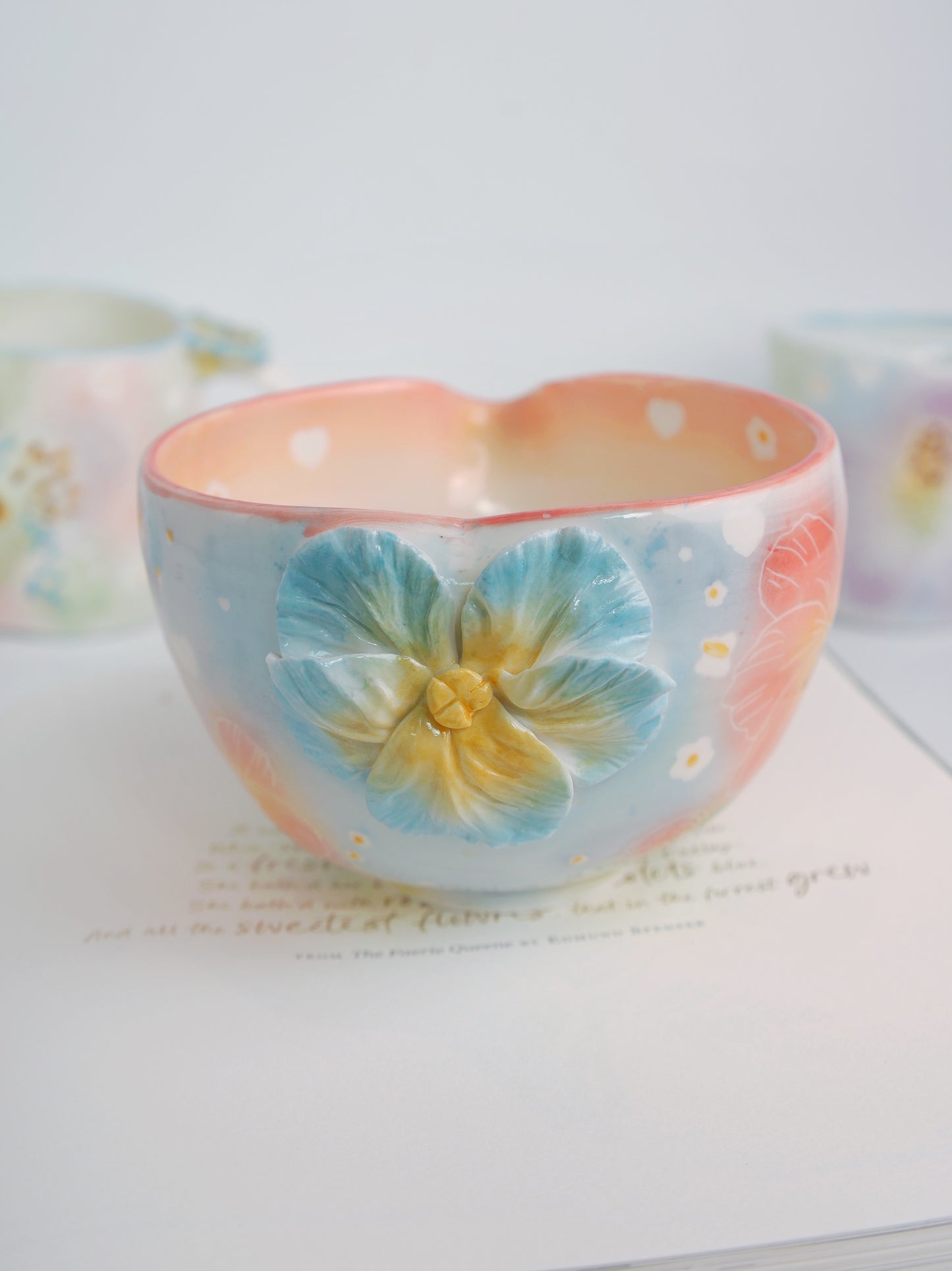 Blue sky pansy matcha bowl