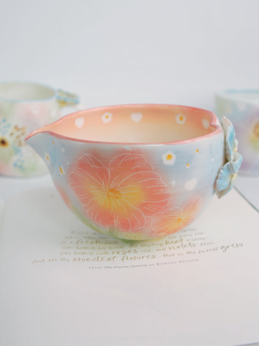 Blue sky pansy matcha bowl